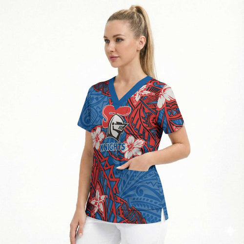 Personalised Newcastle Knights Scrub Top Polynesian Tribal Pattern With Rugby Knight Mascot Art