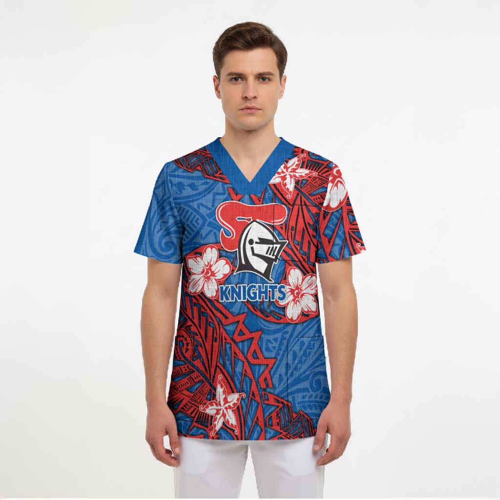 Personalised Newcastle Knights Scrub Top Polynesian Tribal Pattern With Rugby Knight Mascot Art