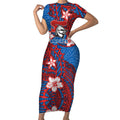 Personalised Newcastle Knights Short Sleeve Bodycon Dress Polynesian Tribal Pattern With Rugby Knight Mascot Art