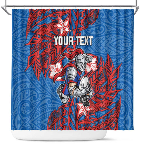 Personalised Newcastle Knights Shower Curtain Polynesian Tribal Pattern With Rugby Knight Mascot Art