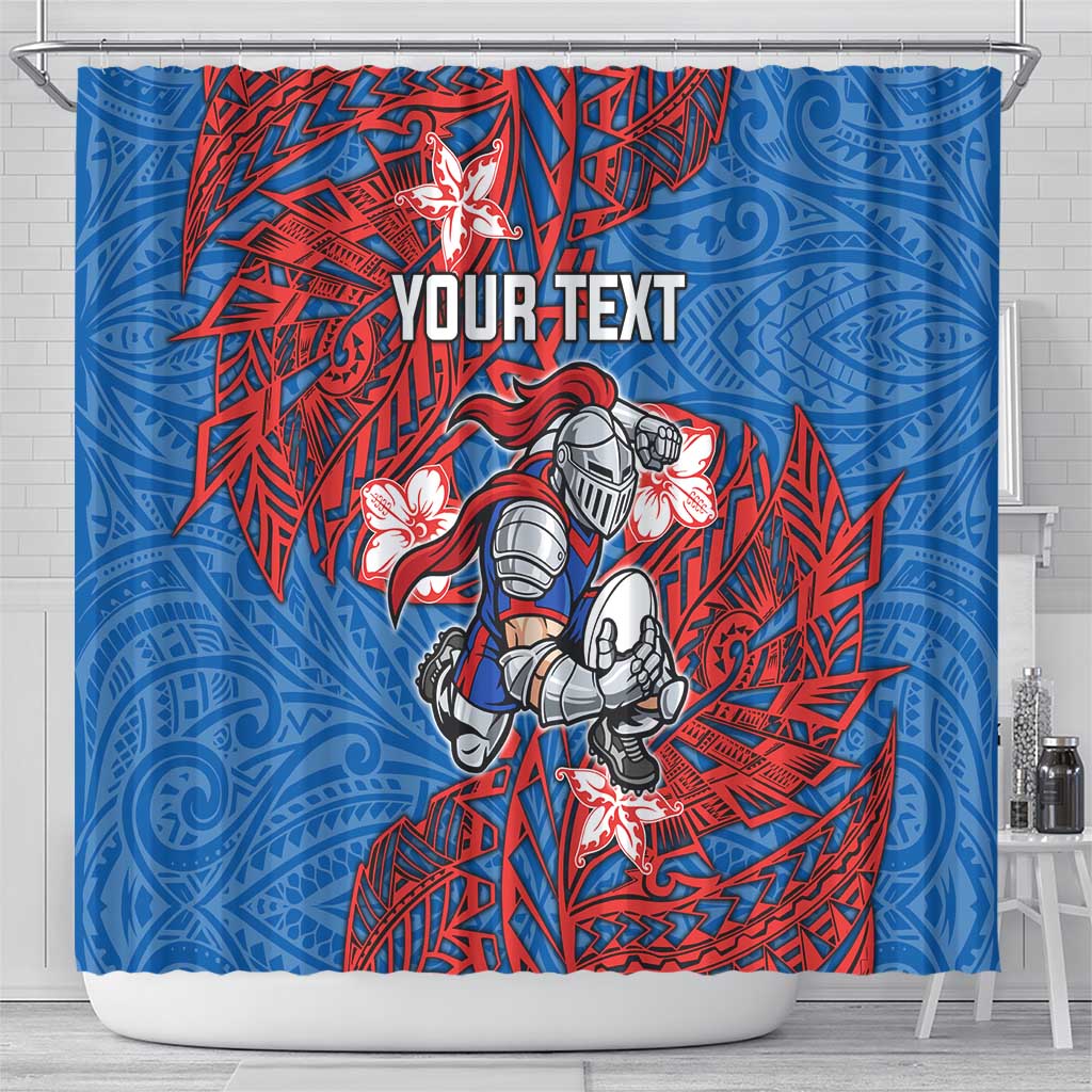 Personalised Newcastle Knights Shower Curtain Polynesian Tribal Pattern With Rugby Knight Mascot Art