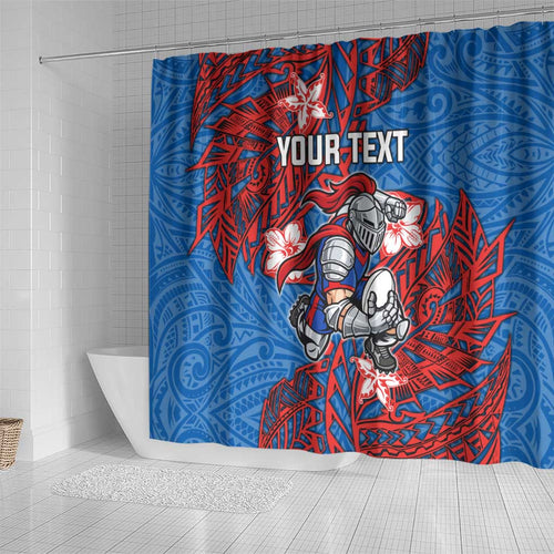 Personalised Newcastle Knights Shower Curtain Polynesian Tribal Pattern With Rugby Knight Mascot Art