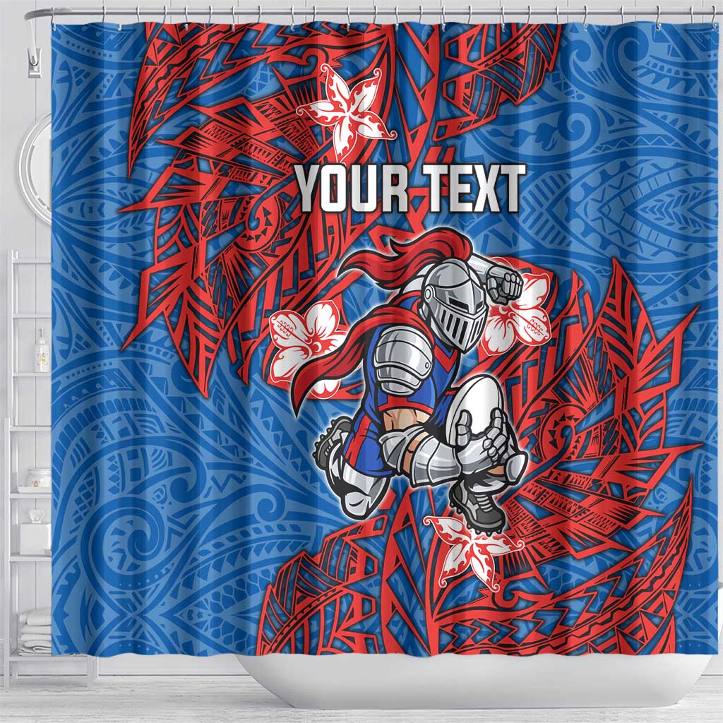 Personalised Newcastle Knights Shower Curtain Polynesian Tribal Pattern With Rugby Knight Mascot Art