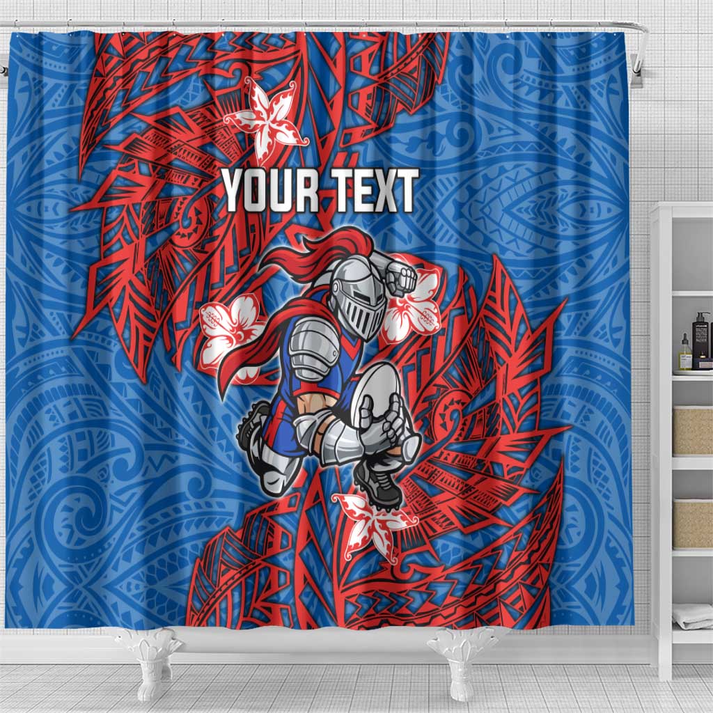 Personalised Newcastle Knights Shower Curtain Polynesian Tribal Pattern With Rugby Knight Mascot Art