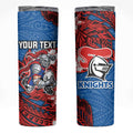 Personalised Newcastle Knights Skinny Tumbler Polynesian Tribal Pattern With Rugby Knight Mascot Art