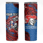 Personalised Newcastle Knights Skinny Tumbler Polynesian Tribal Pattern With Rugby Knight Mascot Art