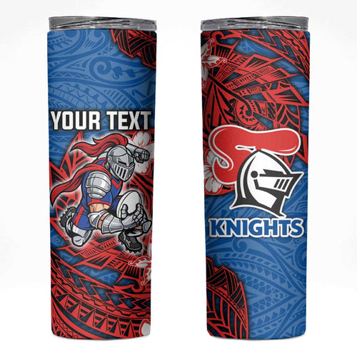 Personalised Newcastle Knights Skinny Tumbler Polynesian Tribal Pattern With Rugby Knight Mascot Art