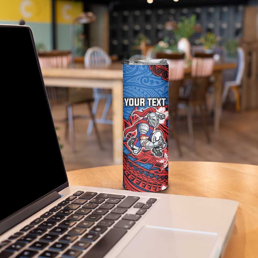 Personalised Newcastle Knights Skinny Tumbler Polynesian Tribal Pattern With Rugby Knight Mascot Art