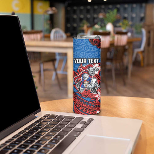 Personalised Newcastle Knights Skinny Tumbler Polynesian Tribal Pattern With Rugby Knight Mascot Art