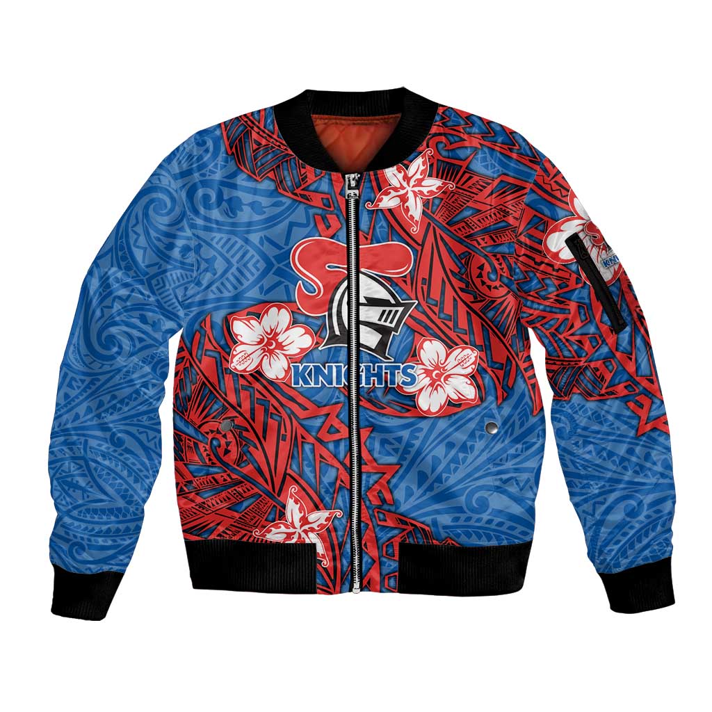 Personalised Newcastle Knights Sleeve Zip Bomber Jacket Polynesian Tribal Pattern With Rugby Knight Mascot Art