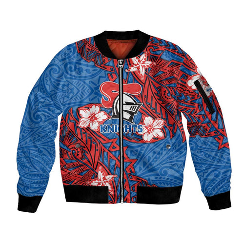 Personalised Newcastle Knights Sleeve Zip Bomber Jacket Polynesian Tribal Pattern With Rugby Knight Mascot Art