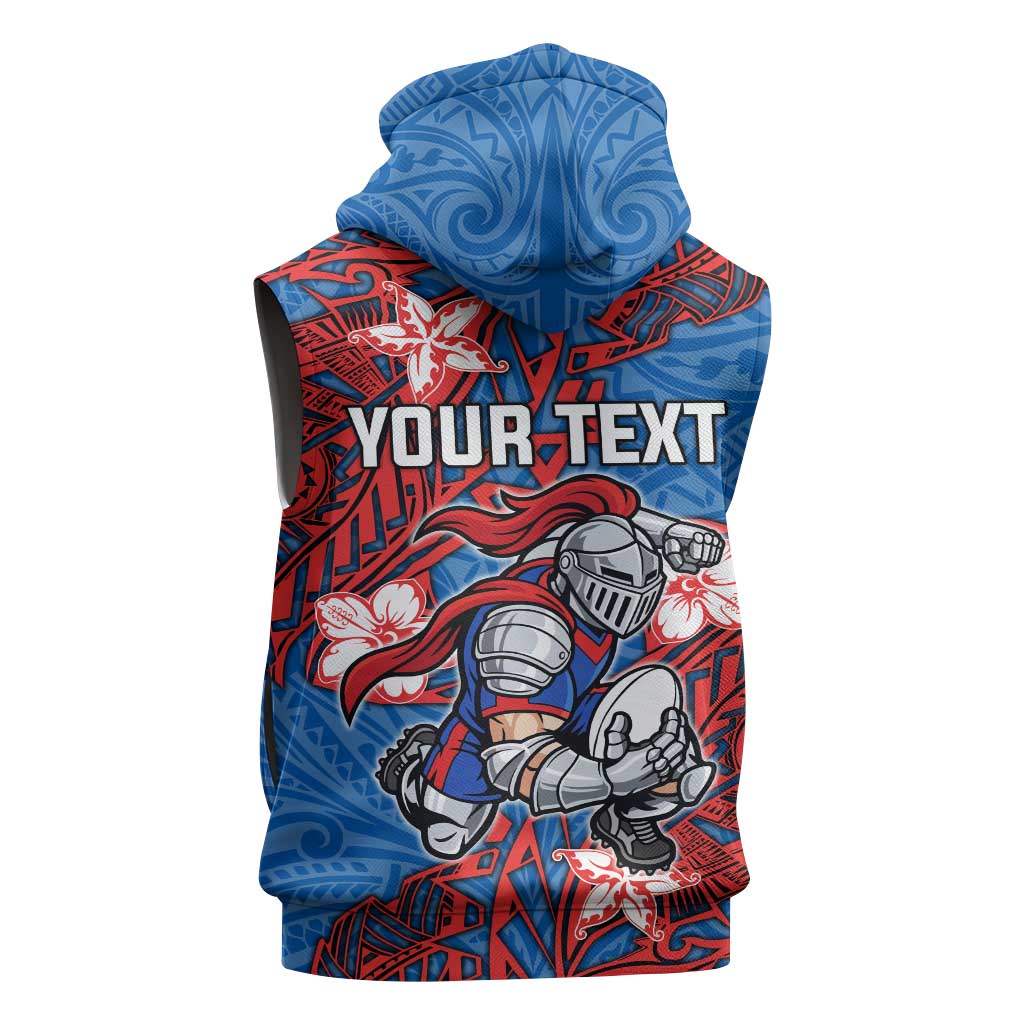 Personalised Newcastle Knights Sleeveless Hoodie Polynesian Tribal Pattern With Rugby Knight Mascot Art