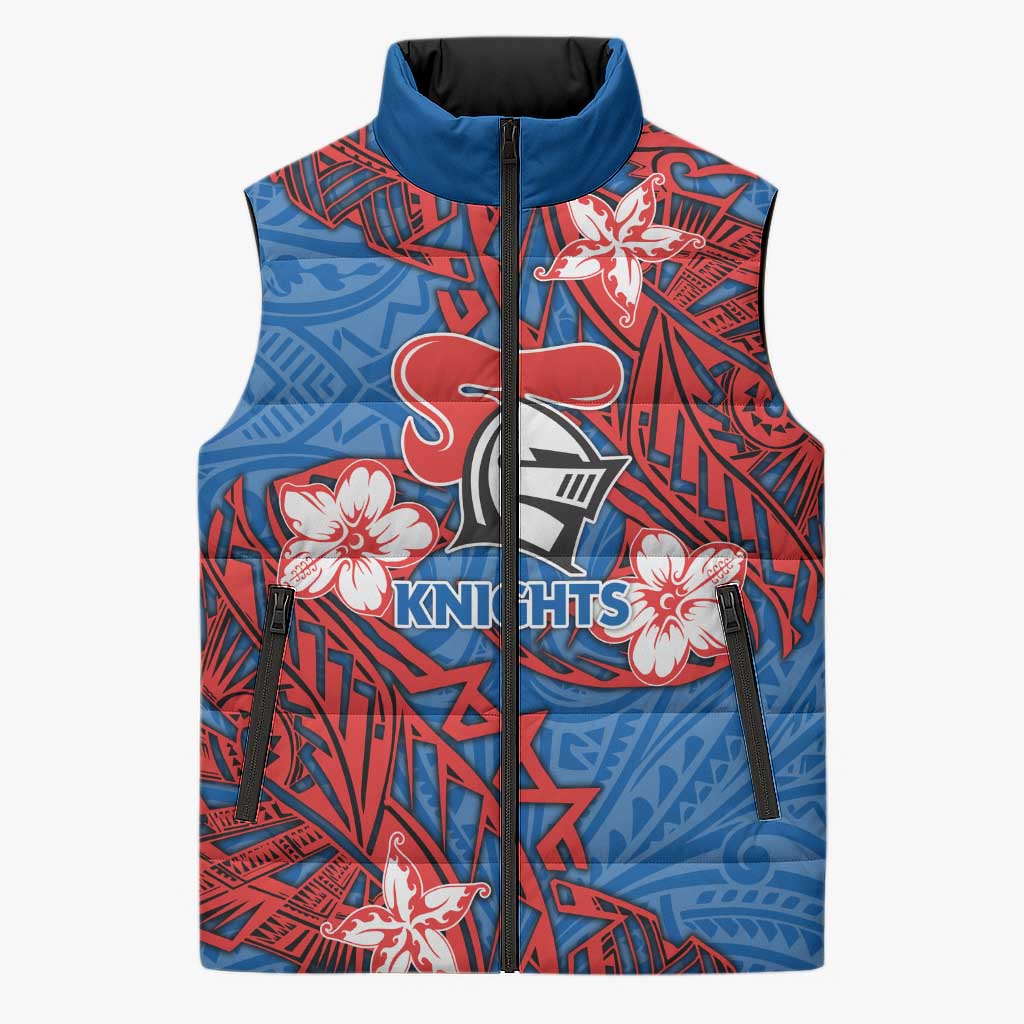 Personalised Newcastle Knights Sleeveless Puffer Jacket Polynesian Tribal Pattern With Rugby Knight Mascot Art