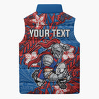 Personalised Newcastle Knights Sleeveless Puffer Jacket Polynesian Tribal Pattern With Rugby Knight Mascot Art