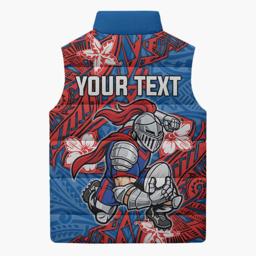 Personalised Newcastle Knights Sleeveless Puffer Jacket Polynesian Tribal Pattern With Rugby Knight Mascot Art