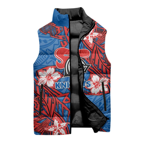 Personalised Newcastle Knights Sleeveless Puffer Jacket Polynesian Tribal Pattern With Rugby Knight Mascot Art