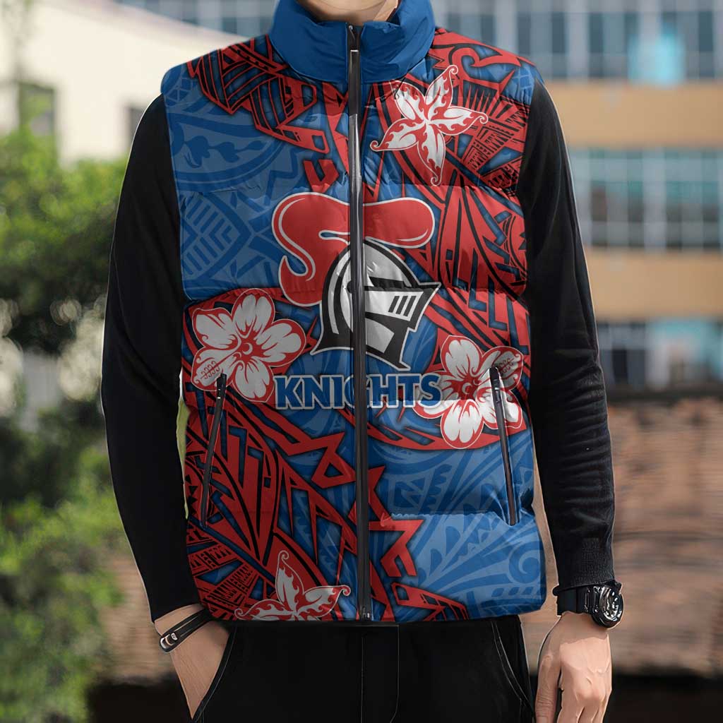 Personalised Newcastle Knights Sleeveless Puffer Jacket Polynesian Tribal Pattern With Rugby Knight Mascot Art