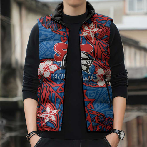 Personalised Newcastle Knights Sleeveless Puffer Jacket Polynesian Tribal Pattern With Rugby Knight Mascot Art