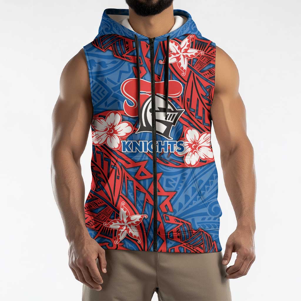 Personalised Newcastle Knights Sleeveless Zip Hoodie Polynesian Tribal Pattern With Rugby Knight Mascot Art