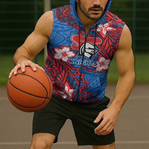 Personalised Newcastle Knights Sleeveless Zip Hoodie Polynesian Tribal Pattern With Rugby Knight Mascot Art