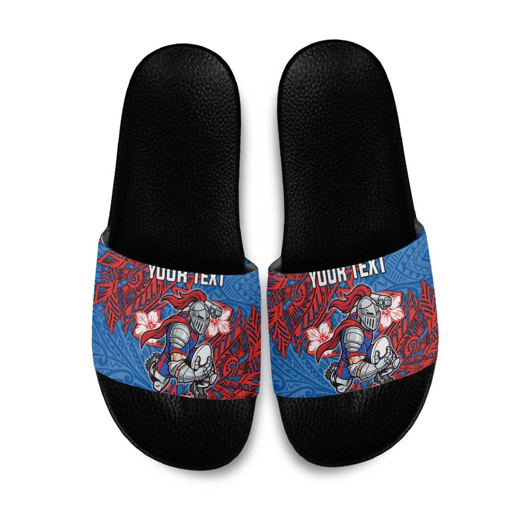 Personalised Newcastle Knights Slide Sandals Polynesian Tribal Pattern With Rugby Knight Mascot Art