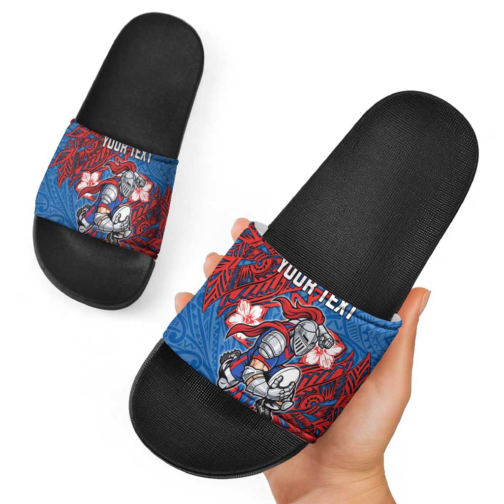 Personalised Newcastle Knights Slide Sandals Polynesian Tribal Pattern With Rugby Knight Mascot Art