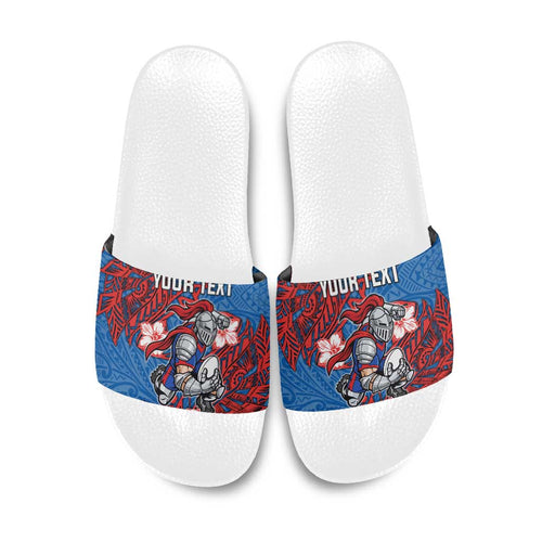 Personalised Newcastle Knights Slide Sandals Polynesian Tribal Pattern With Rugby Knight Mascot Art