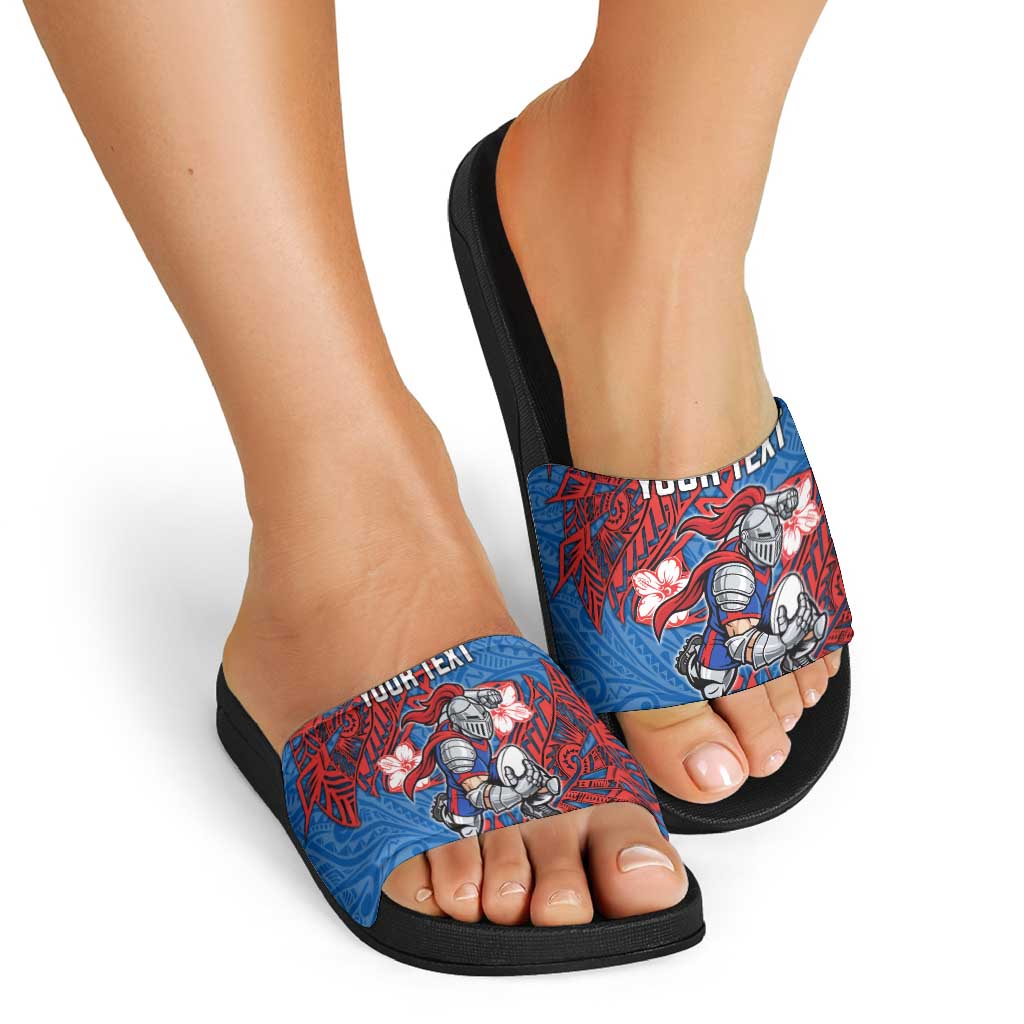 Personalised Newcastle Knights Slide Sandals Polynesian Tribal Pattern With Rugby Knight Mascot Art