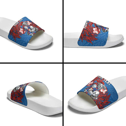 Personalised Newcastle Knights Slide Sandals Polynesian Tribal Pattern With Rugby Knight Mascot Art
