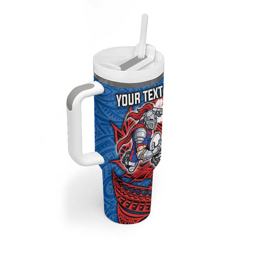 Personalised Newcastle Knights Tumbler With Handle Polynesian Tribal Pattern With Rugby Knight Mascot Art