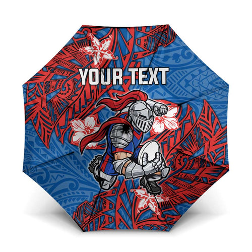 Personalised Newcastle Knights Umbrella Polynesian Tribal Pattern With Rugby Knight Mascot Art