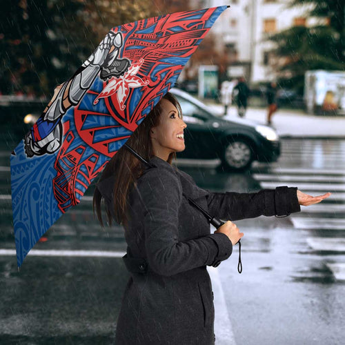 Personalised Newcastle Knights Umbrella Polynesian Tribal Pattern With Rugby Knight Mascot Art