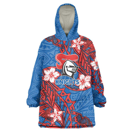 Personalised Newcastle Knights Wearable Blanket Hoodie Polynesian Tribal Pattern With Rugby Knight Mascot Art