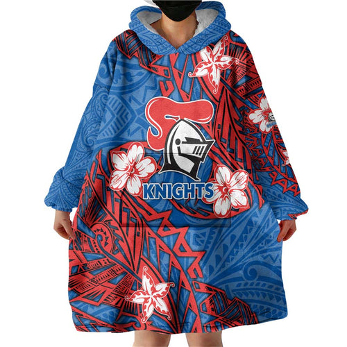 Personalised Newcastle Knights Wearable Blanket Hoodie Polynesian Tribal Pattern With Rugby Knight Mascot Art