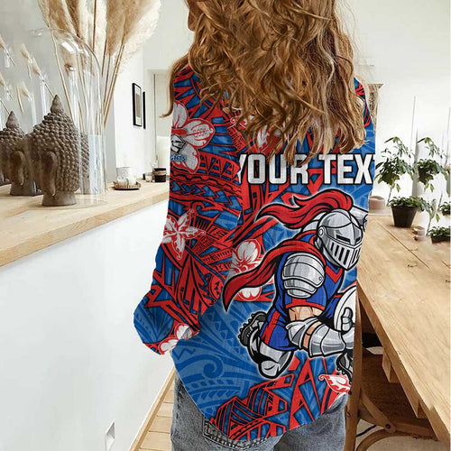 Personalised Newcastle Knights Women Casual Shirt Polynesian Tribal Pattern With Rugby Knight Mascot Art