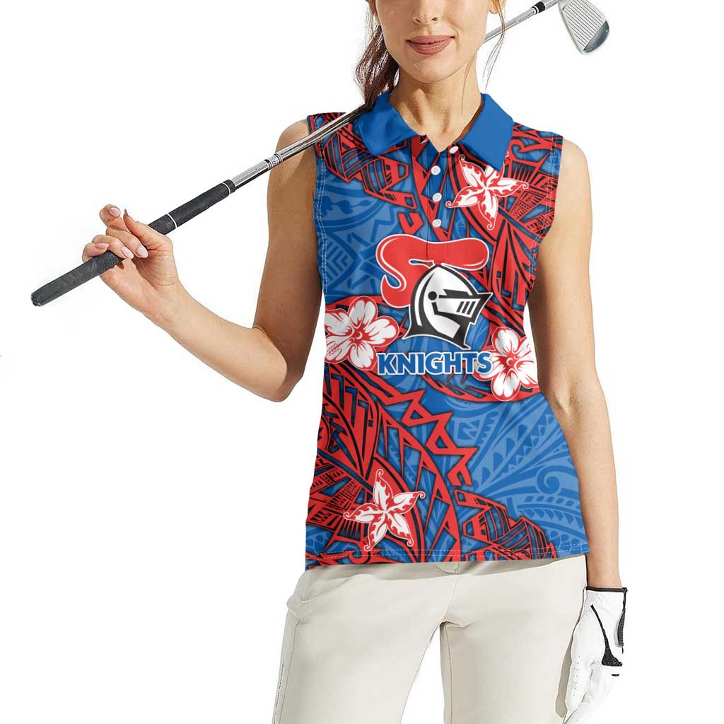 Personalised Newcastle Knights Women Sleeveless Polo Shirt Polynesian Tribal Pattern With Rugby Knight Mascot Art