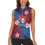 Personalised Newcastle Knights Women Sleeveless Polo Shirt Polynesian Tribal Pattern With Rugby Knight Mascot Art
