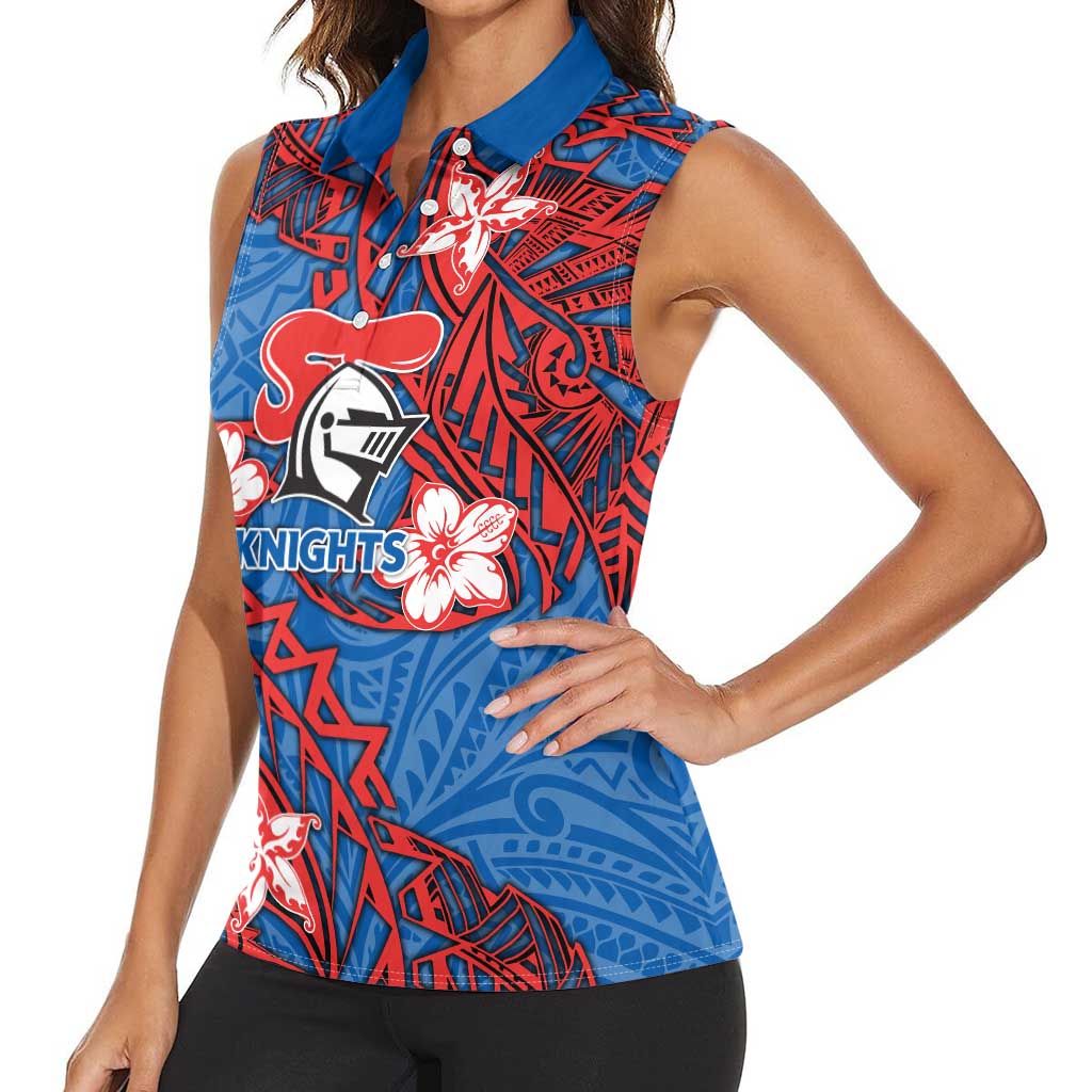Personalised Newcastle Knights Women Sleeveless Polo Shirt Polynesian Tribal Pattern With Rugby Knight Mascot Art