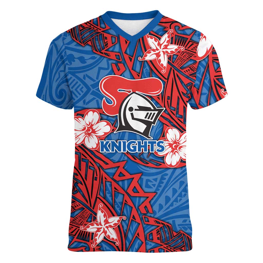 Personalised Newcastle Knights Women V-Neck T-Shirt Polynesian Tribal Pattern With Rugby Knight Mascot Art