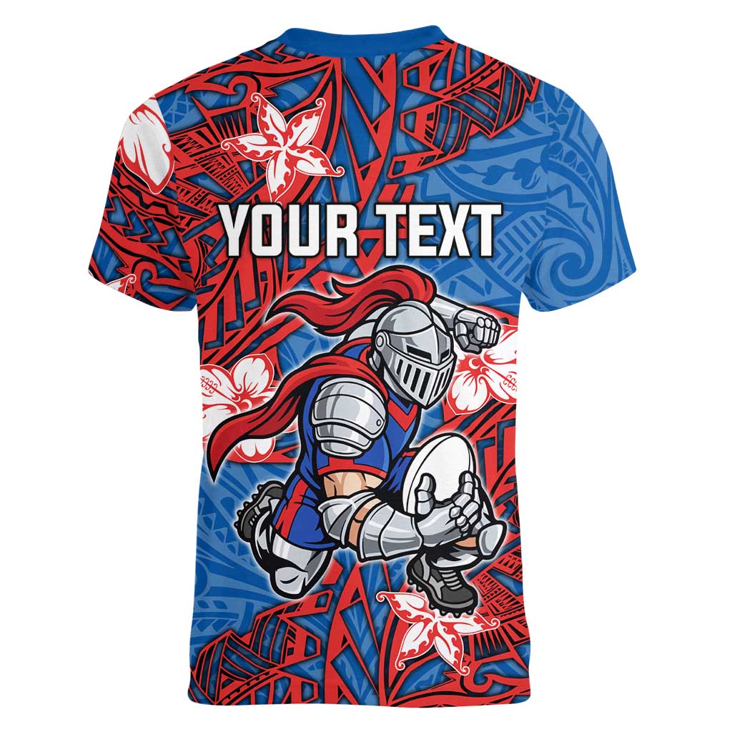 Personalised Newcastle Knights Women V-Neck T-Shirt Polynesian Tribal Pattern With Rugby Knight Mascot Art