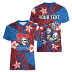 Personalised Newcastle Knights Women V-Neck T-Shirt Polynesian Tribal Pattern With Rugby Knight Mascot Art