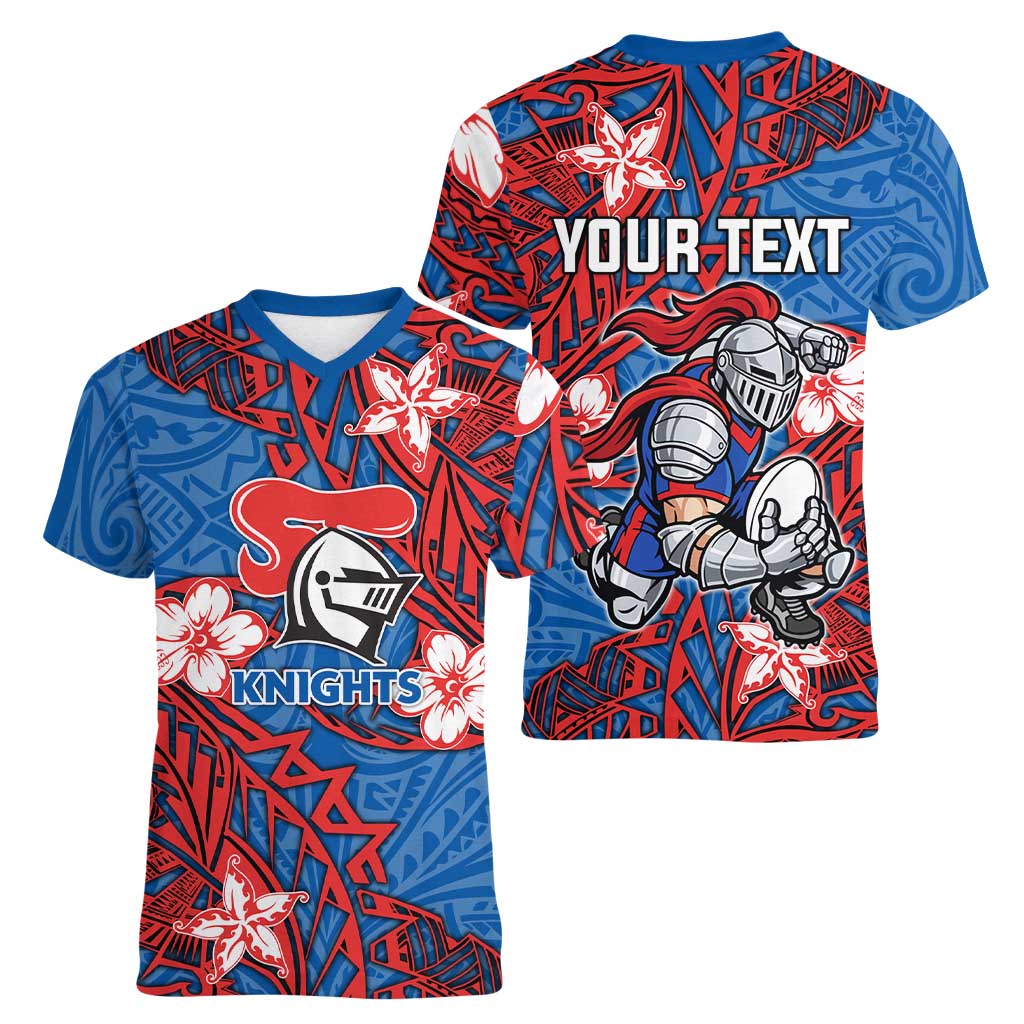 Personalised Newcastle Knights Women V-Neck T-Shirt Polynesian Tribal Pattern With Rugby Knight Mascot Art