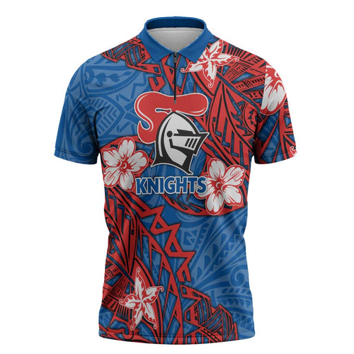 Personalised Newcastle Knights Zipper Polo Shirt Polynesian Tribal Pattern With Rugby Knight Mascot Art