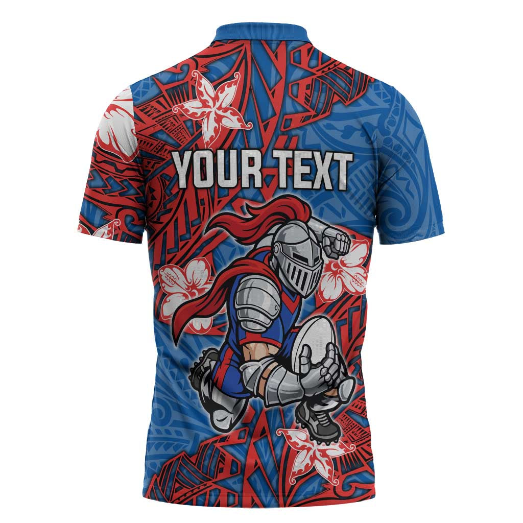 Personalised Newcastle Knights Zipper Polo Shirt Polynesian Tribal Pattern With Rugby Knight Mascot Art