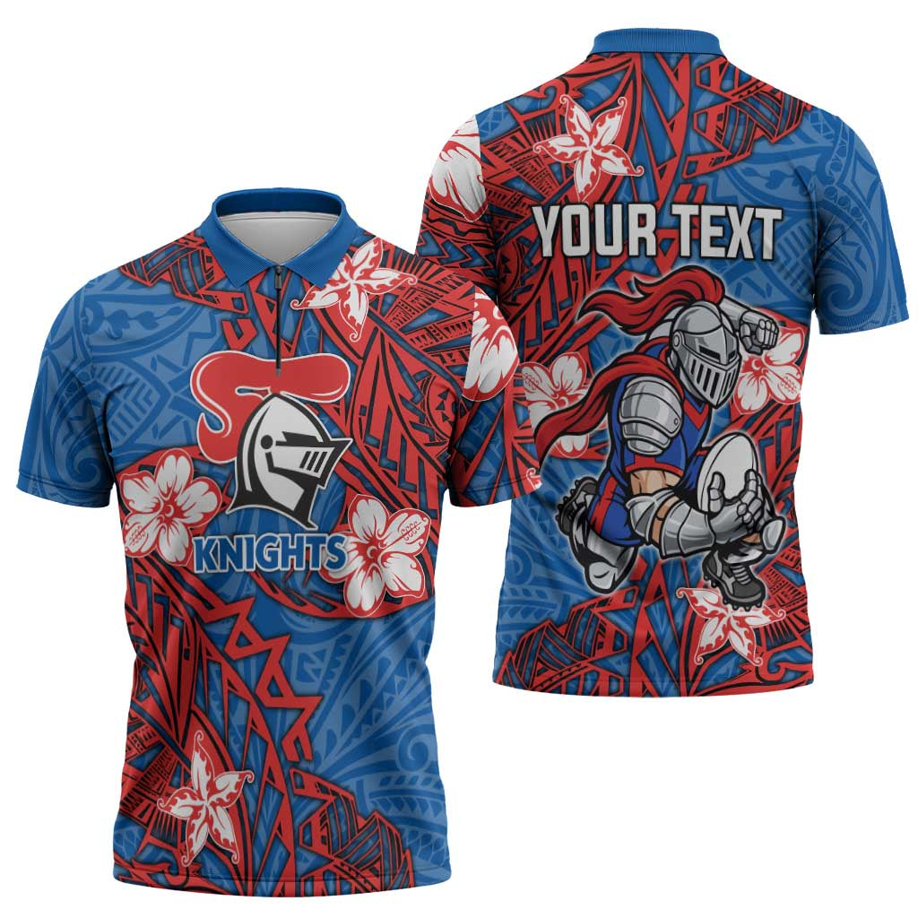 Personalised Newcastle Knights Zipper Polo Shirt Polynesian Tribal Pattern With Rugby Knight Mascot Art