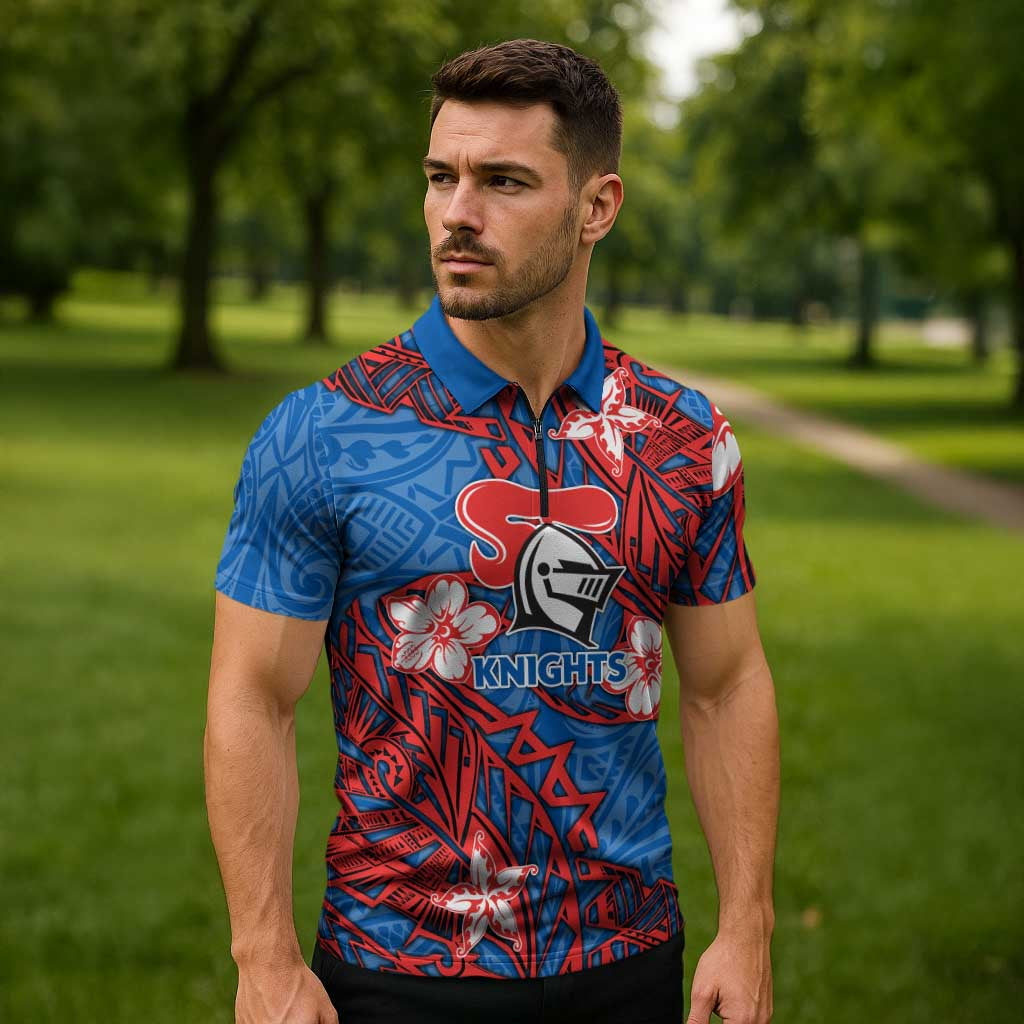 Personalised Newcastle Knights Zipper Polo Shirt Polynesian Tribal Pattern With Rugby Knight Mascot Art