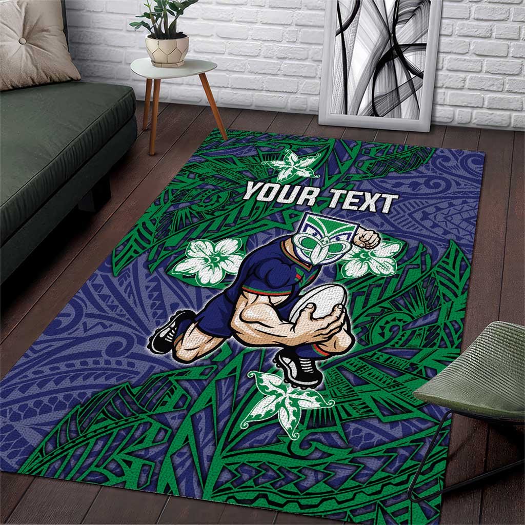 Personalised New Zealand Warriors Area Rug Polynesian Tribal Pattern With Rugby Warrior Mascot Art