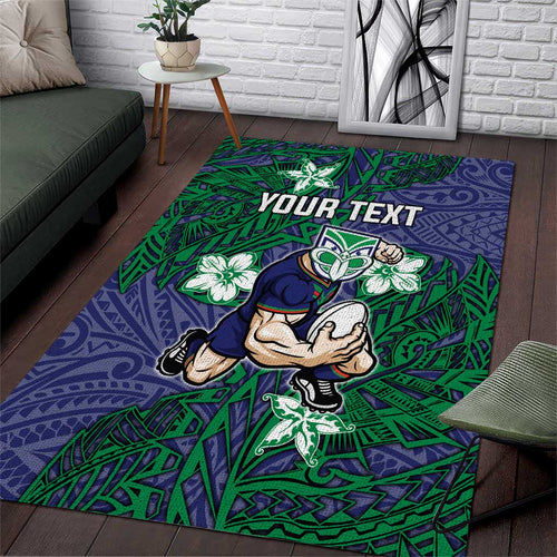 Personalised New Zealand Warriors Area Rug Polynesian Tribal Pattern With Rugby Warrior Mascot Art