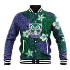 Personalised New Zealand Warriors Baseball Jacket Polynesian Tribal Pattern With Rugby Warrior Mascot Art