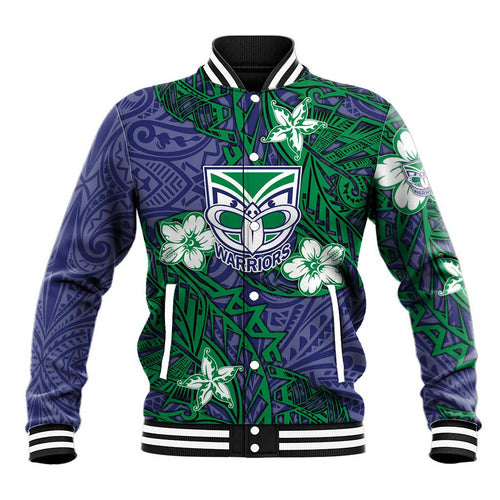 Personalised New Zealand Warriors Baseball Jacket Polynesian Tribal Pattern With Rugby Warrior Mascot Art